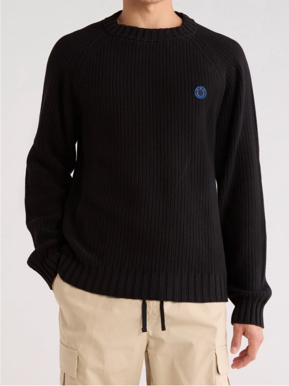 HUGO Black Crewneck Sweater with Blue Smile Patch